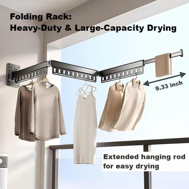 HGZBS Clothes Drying Rack Wall-Mounted, 3-Fold Retractable Clothes Hanger with Windproof Holes & Detachable Design, Sturdy Foldable Laundry Rack for Balcony, Bathroom Use (Gunmetal Gray) - Image 5